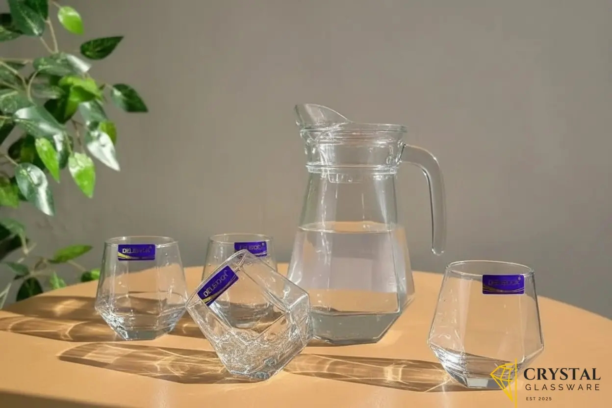Delisoga premium textured glass water serving set 6 glasses 1 jug